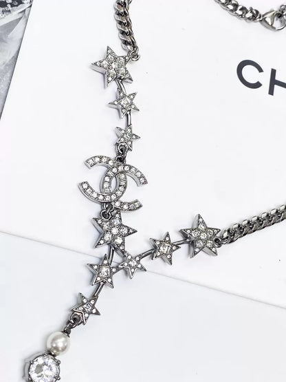 Chanel 21P silver star double C pearl long necklace