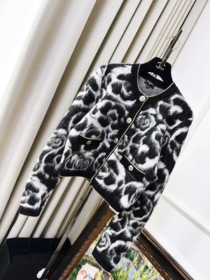 Chanel 20A Black and White Camellia Cardigan
