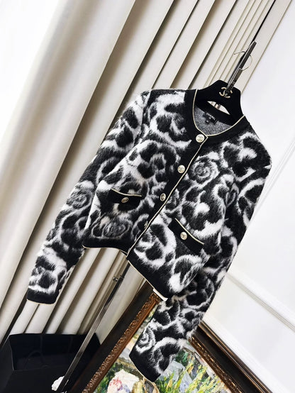 Chanel 20A Black and White Camellia Cardigan