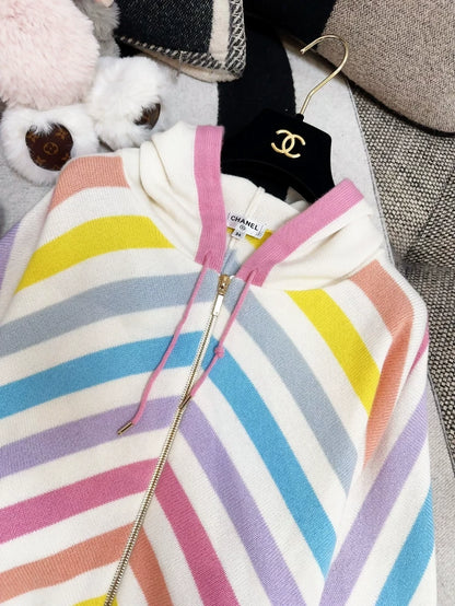 Chanel 19C Rainbow Striped Zip-Up Hooded Jacket
