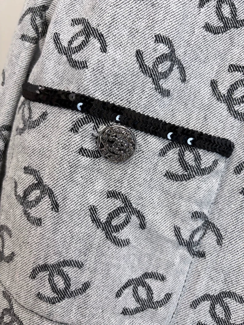 Chanel 22S Grey Double C Print Denim Jacket