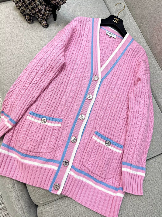 Chanel 23P pink and blue/white long knit cardigan
