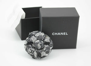 Chanel 23K Wool-Blend Fall/Winter Gray and Black Camellia Brooch