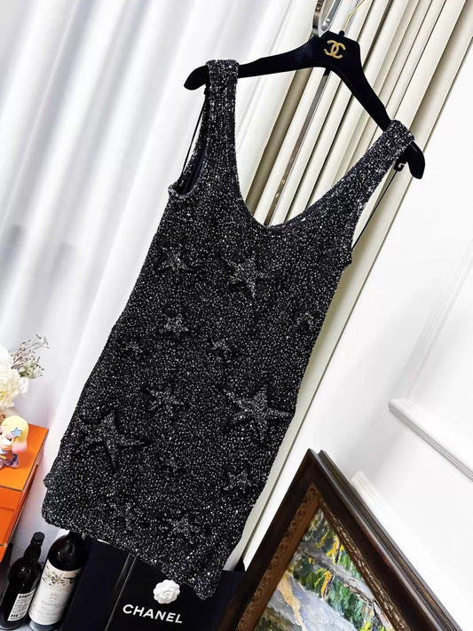 Chanel 24C Black and Silver Glittering Star Sequin Dress