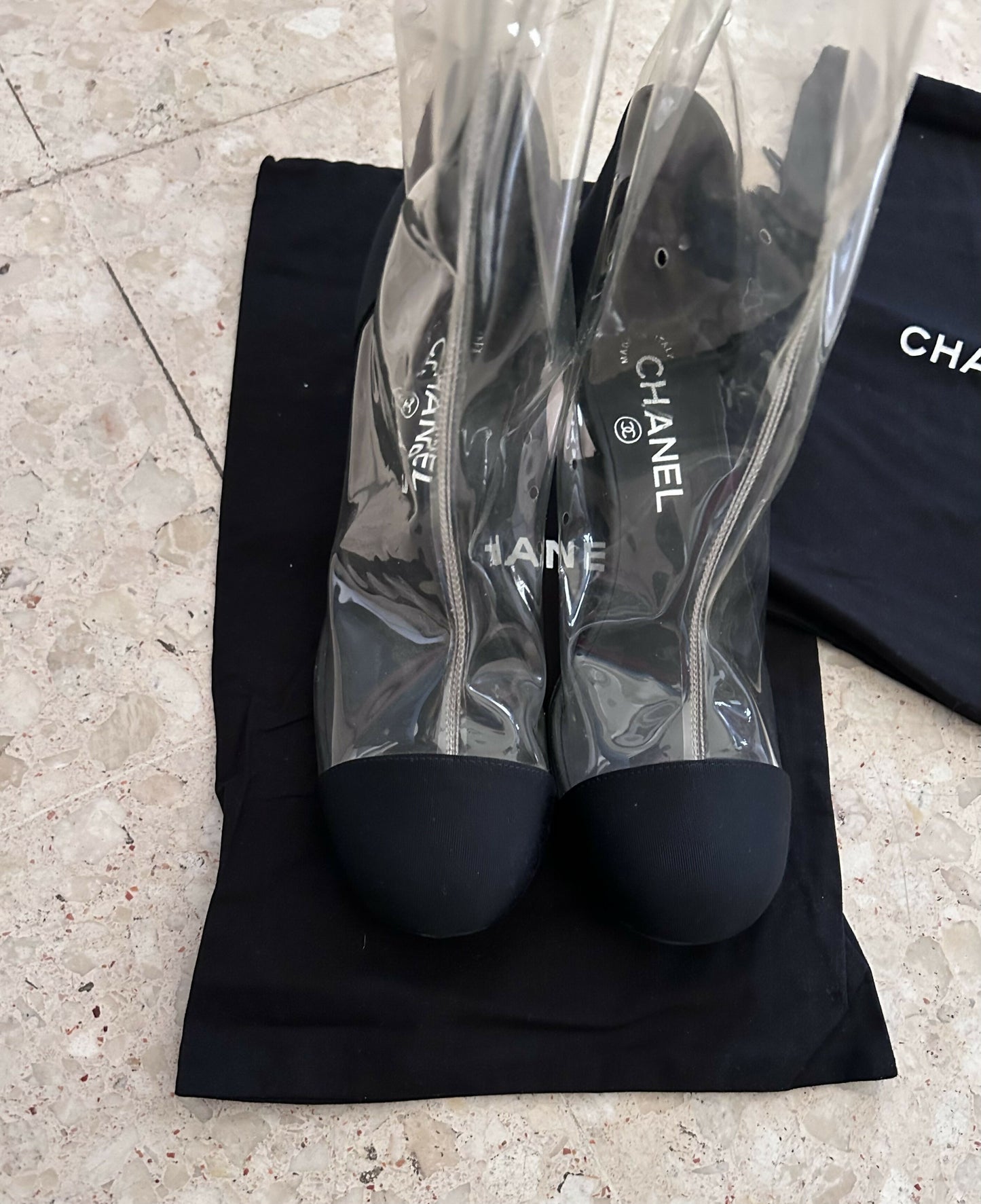 Chanel Transparent/Black PVC and Grosgrain Knee High Boots