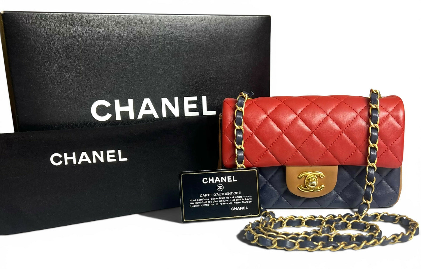 Rare Chanel 13A Edinburgh Tricolor Navy Red Caramel Quilted Lambskin Mini Classic Flap Bag GHW