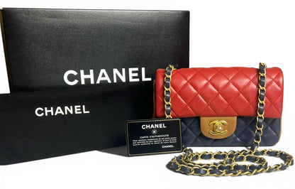 Rare Chanel 13A Edinburgh Tricolor Navy Red Caramel Quilted Lambskin Mini Classic Flap Bag GHW