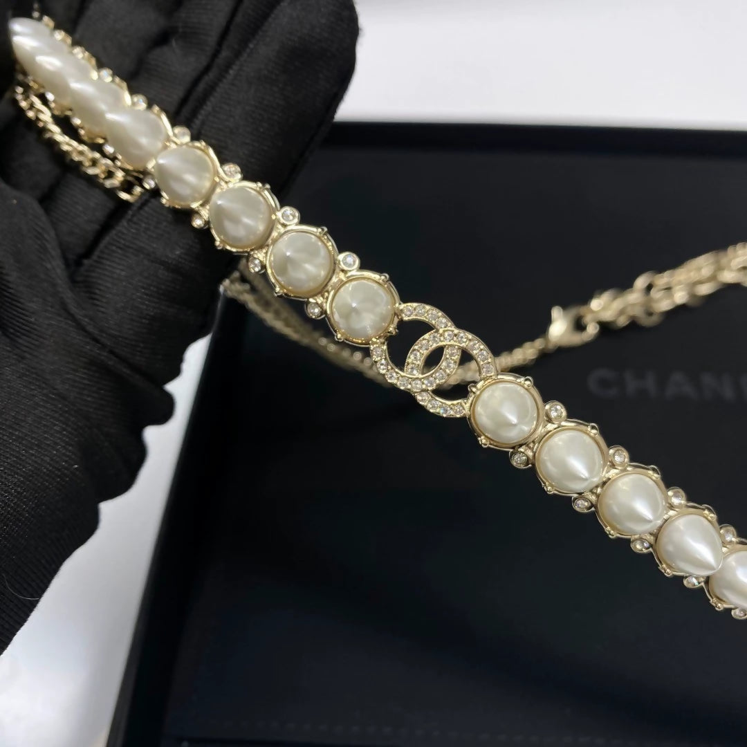 Chanel 22A pearl double C rhinestone waist necklace