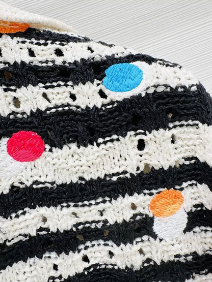 Chanel black and white striped polka dot knit top with double C rhinestone buttons, navy style, openwork, F34,