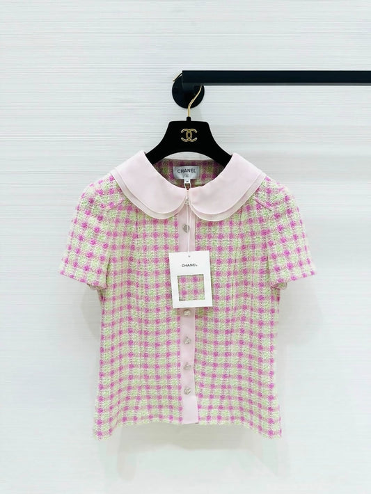 Chanel 25p pink and white tweed shirt