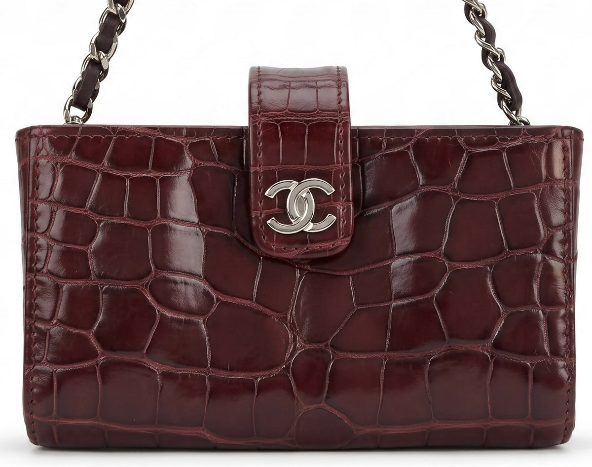 Rare Chanel Burgundy Crocodile Chain Holder Pouch Mini Clutch Bag