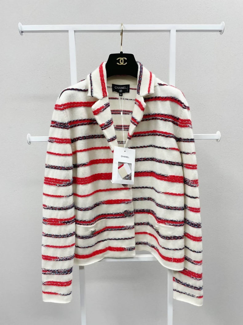 Chanel white & red stripes two pocket jacket