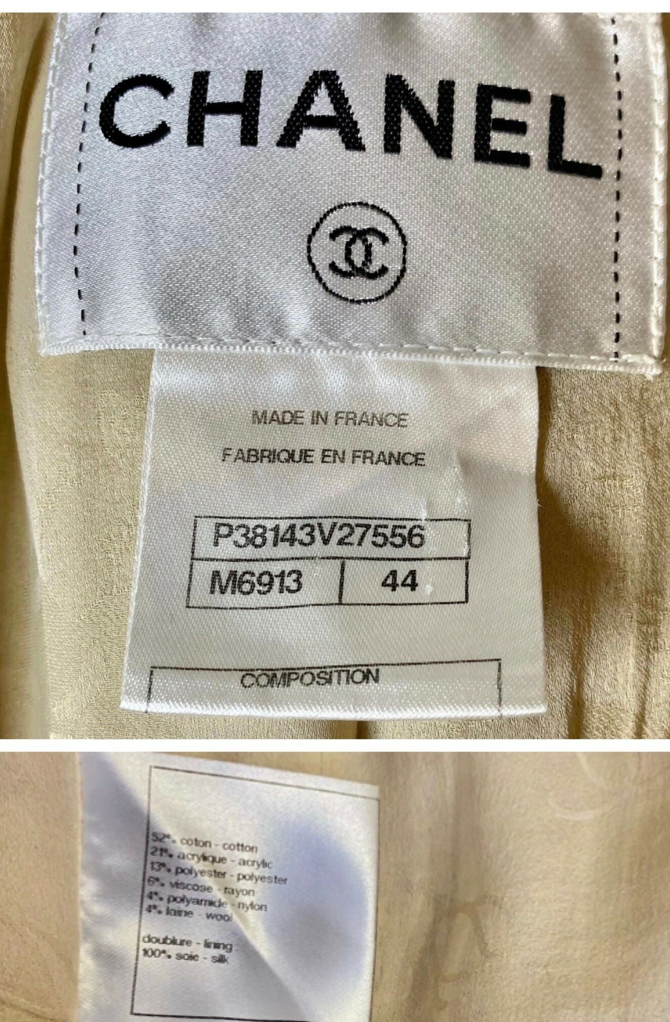 Chanel 10P Fantasy Tweed Beige Metallic Gold Jacket Skirt Suit Set FR 42/44