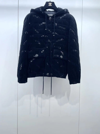 Chanel 22B Black Sequin CC Velvet Down Jacket