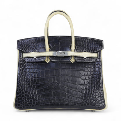 Hermes Special Order Birkin 25 Noir Vanille Matte Alligator Brushed Palladium