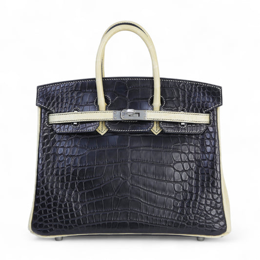 Hermes Special Order Birkin 25 Noir Vanille Matte Alligator Brushed Palladium