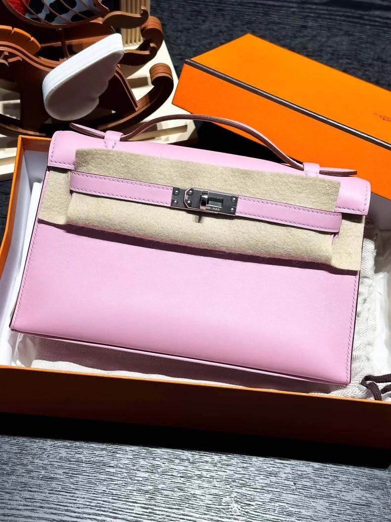 Hermes Kelly pochette X9 mallow purple, Swift leather palladium