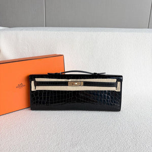 Hermes kelly cut Black Shiny Niloticus crocodile leather gold hardware