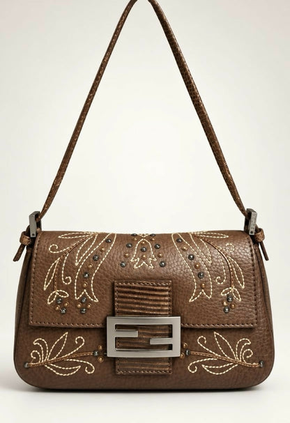 Fendi Limited Edition Dark Brown Leather Lizard Embroidered Mini Mamma Baguette Bag