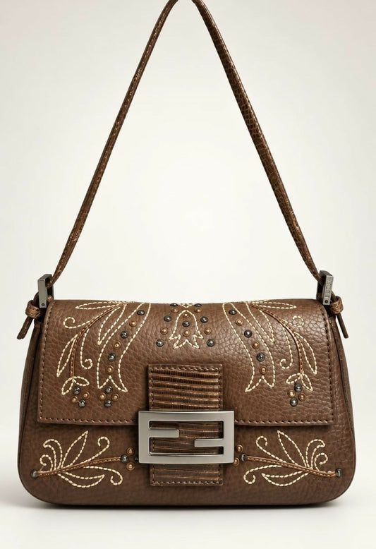 Fendi Limited Edition Dark Brown Leather Lizard Embroidered Mini Mamma Baguette Bag