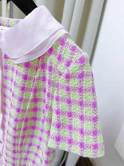 Chanel 25S pink and green plaid silk tweed jacket