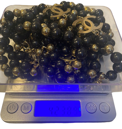 Chanel 16S Extra Long 3 Strand 4 CC Black Gold Mirror Beaded Necklace