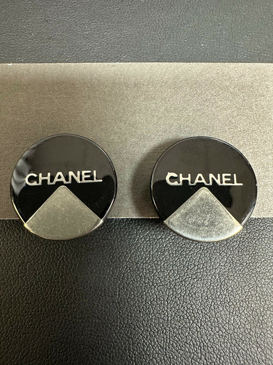 Chanel Vintage 2000 Resin Black and Silver English Lettering Clip-on Earrings