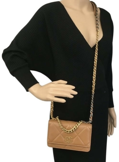 Chanel 19 Caramel Lambskin 21P Wallet On Chain WOC Mixed Metal Hardware