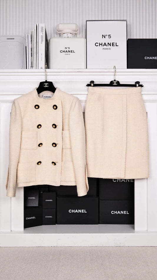 Chanel 1988 Off-White Black and Gold Jacket and Skirt Set