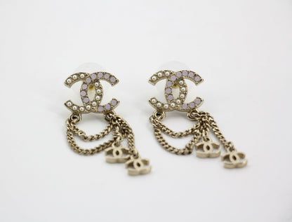 Chanel A13P Rhinestone Imitation Pearl Pink Pendant Stud Earrings