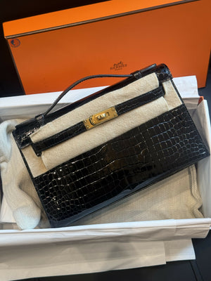 Hermès Mini Kelly 20 Noir / Black Shiny Porosus Crocodile with Gold Hardware