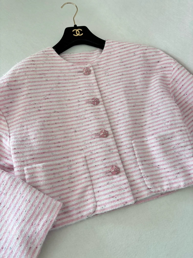 Chanel 24C Pink and White Striped Tweed Jacket