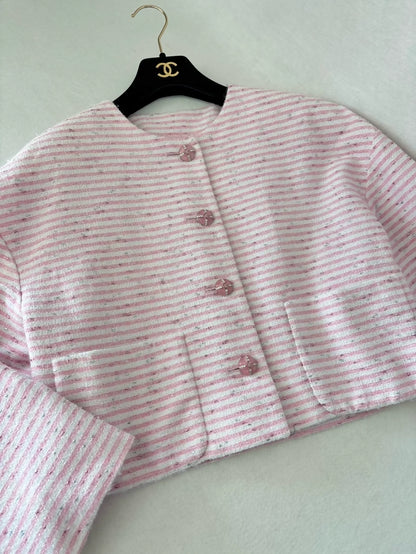 Chanel 24C Pink and White Striped Tweed Jacket