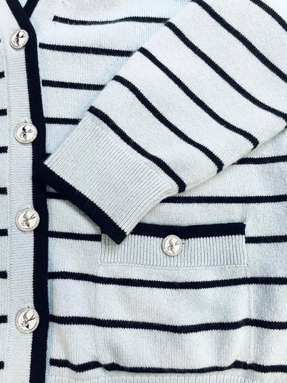 Chanel 25S blue striped double-faced cashmere knit cardigan