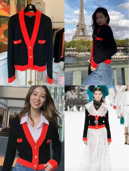 Chanel 19K black/red cashmere cardigan
