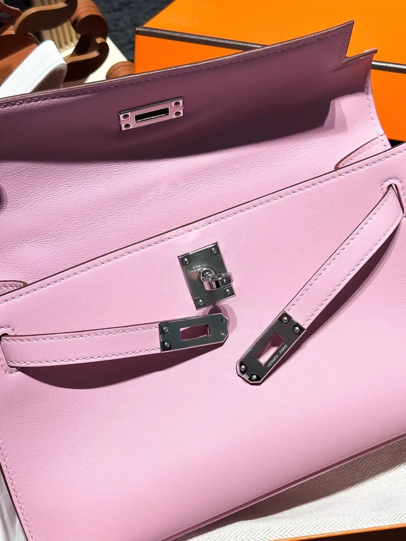 Hermes Kelly pochette X9 mallow purple, Swift leather palladium