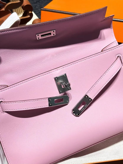 Hermes Kelly pochette X9 mallow purple, Swift leather palladium