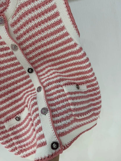 Chanel 22P Pink and White Striped Knit Cardigan