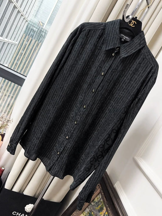Chanel 23P Dark Double C Print Black Striped Shirt