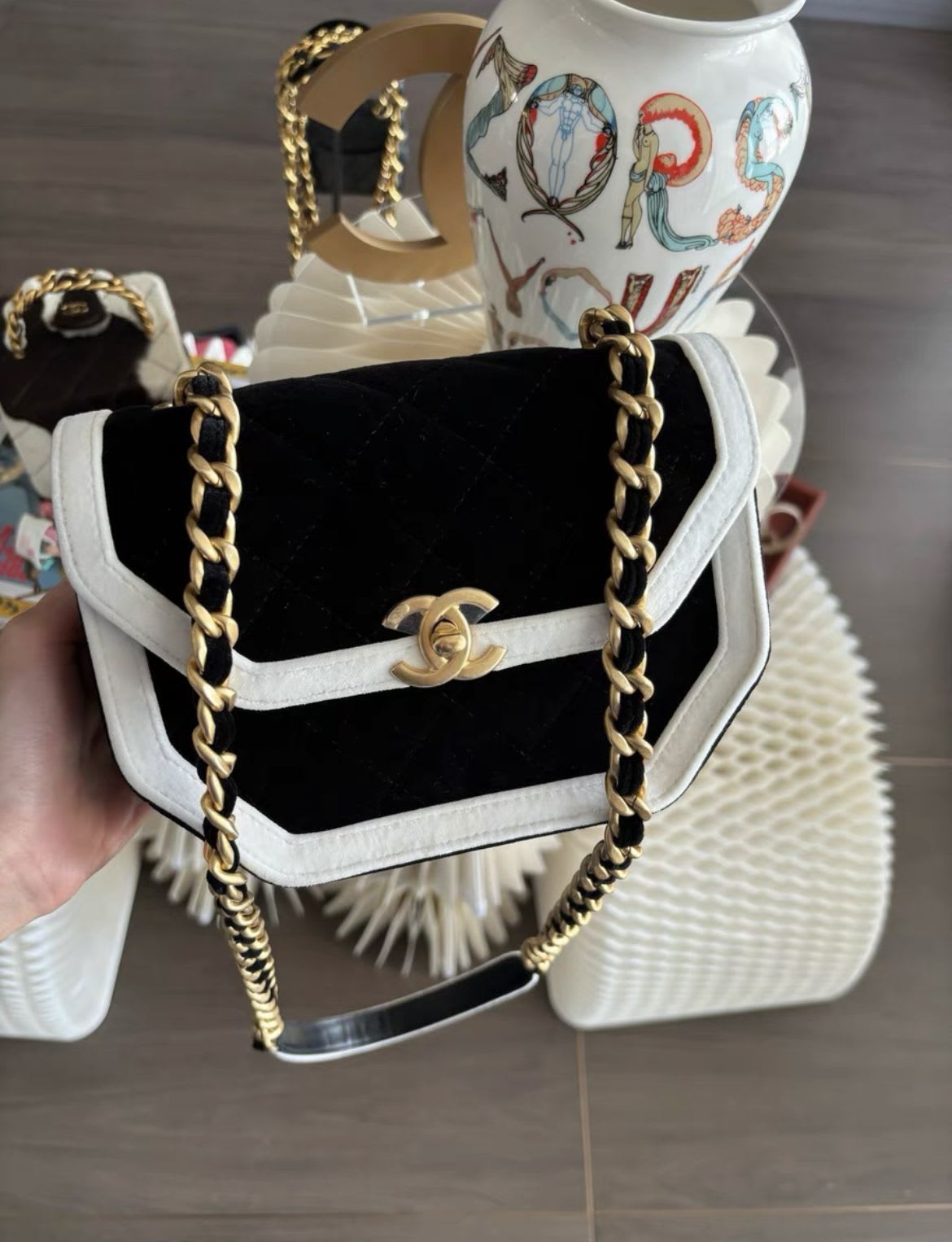 Chanel Seasonal Flap Bag, Black and White Velvet with Gold