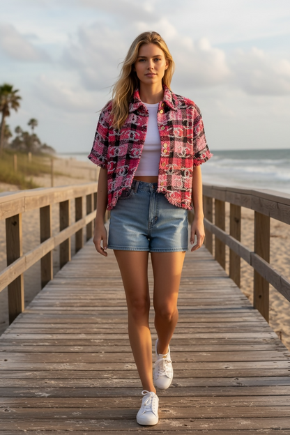 Chanel 22M Coco Beach CC Logo Pink Sequin Fantasy Tweed Blouse Vest FR 36