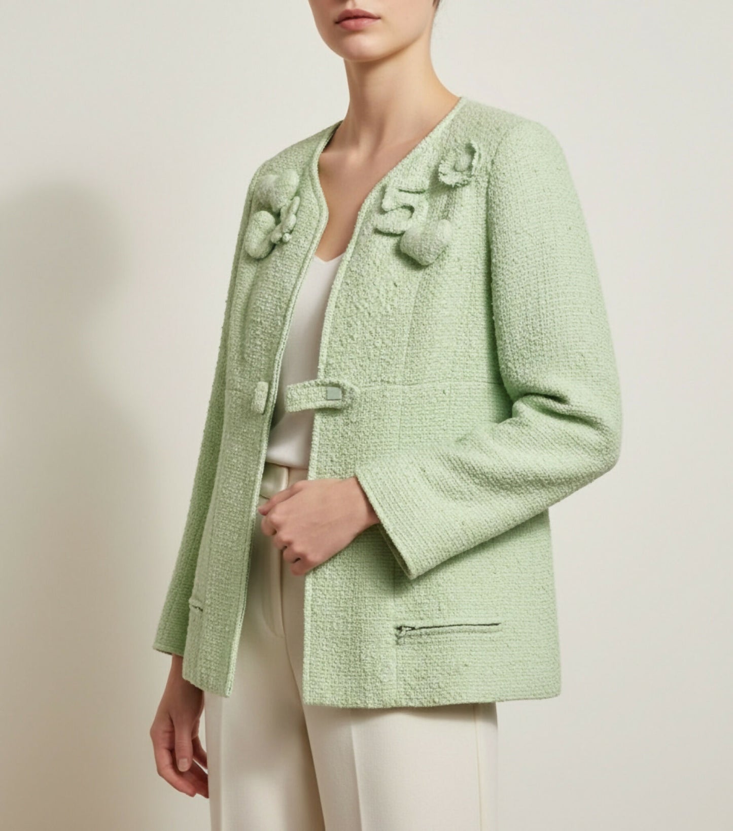 Chanel 04C Mint Green Tweed Boucle Zippered Appliqués Jacket FR 42
