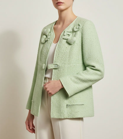 Chanel 04C Mint Green Tweed Boucle Zippered Appliqués Jacket FR 42
