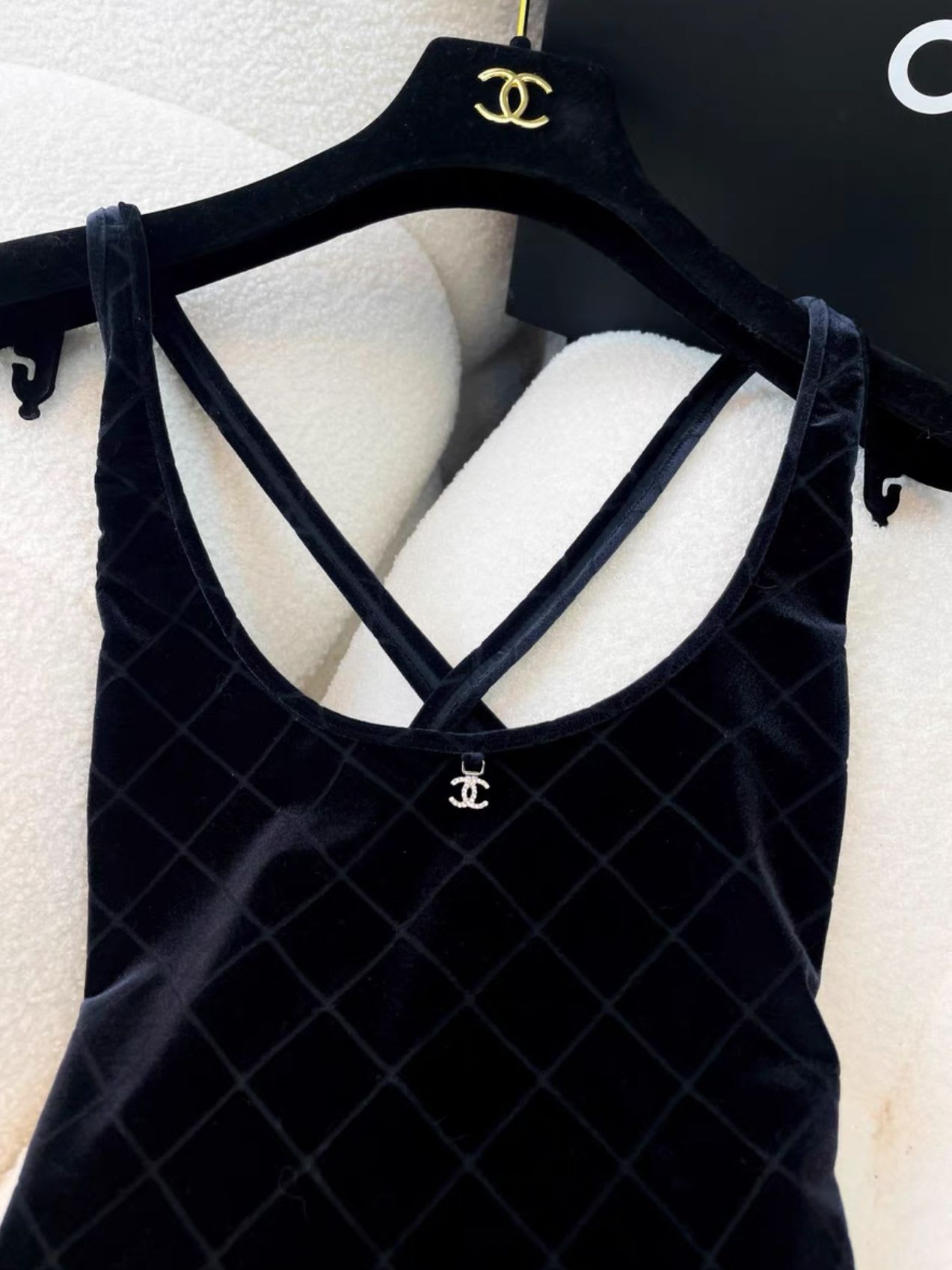 Chanel 23 Coco beach black suede plaid one-piece swimsuit