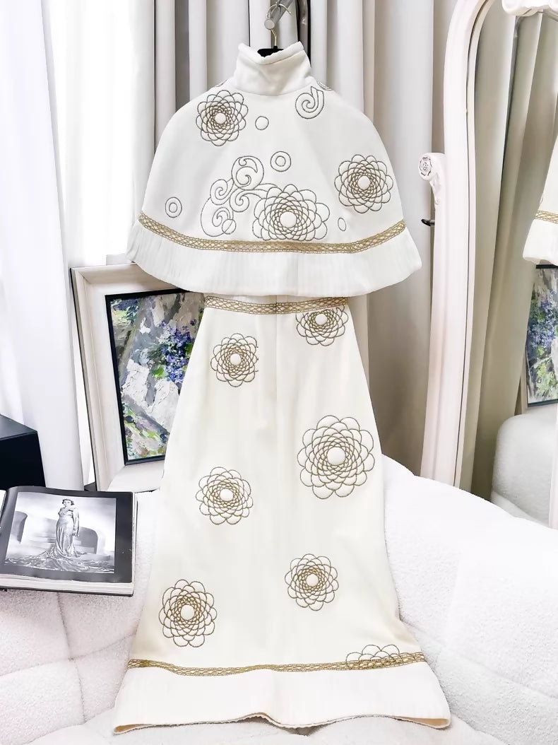 Chanel 16A off-white with gold camellia cape dress