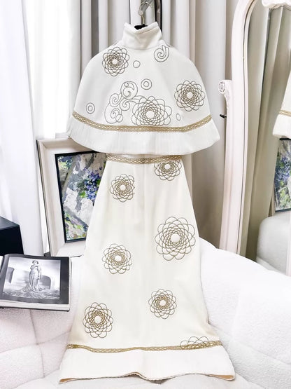 Chanel 16A off-white with gold camellia cape dress