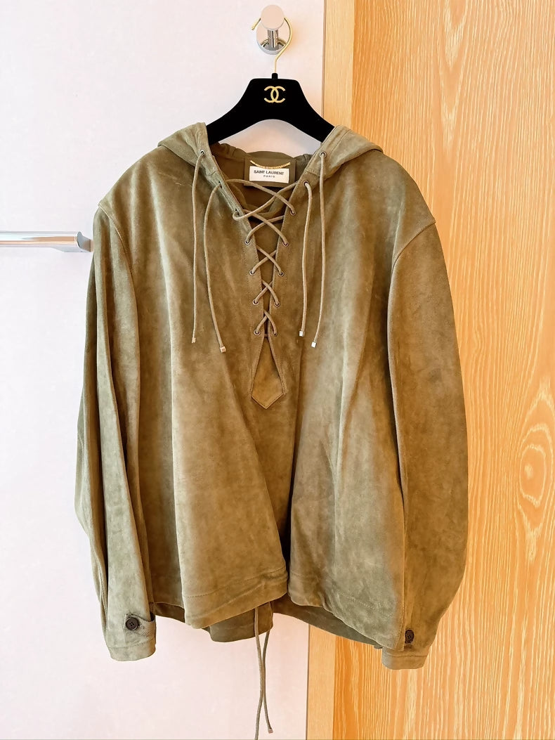 Saint Laurent olive green V-neck drawstring hooded leather jacket