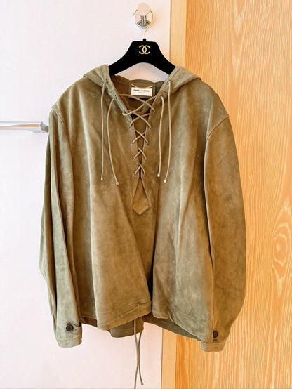 Saint Laurent olive green V-neck drawstring hooded leather jacket