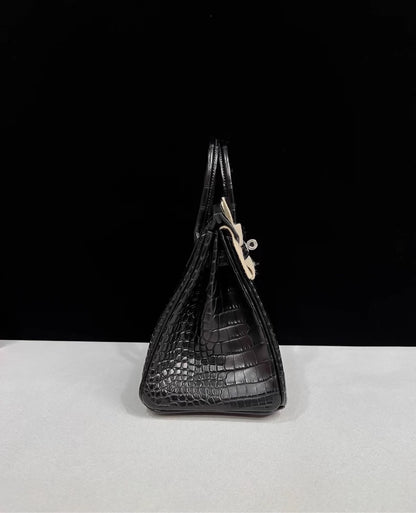 Hermes Birkin 25 black matte crocodile leather brushed palladium hardware