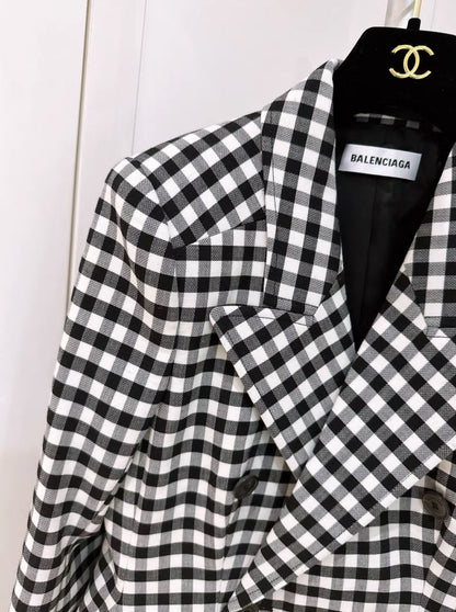 Balenciaga black and white grid hourglass coat